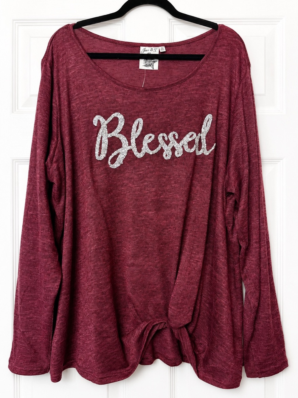 Joei & I 3X Blessed Rhinestone Burgundy Tie Front Long Sleeve - Picture 1 of 7